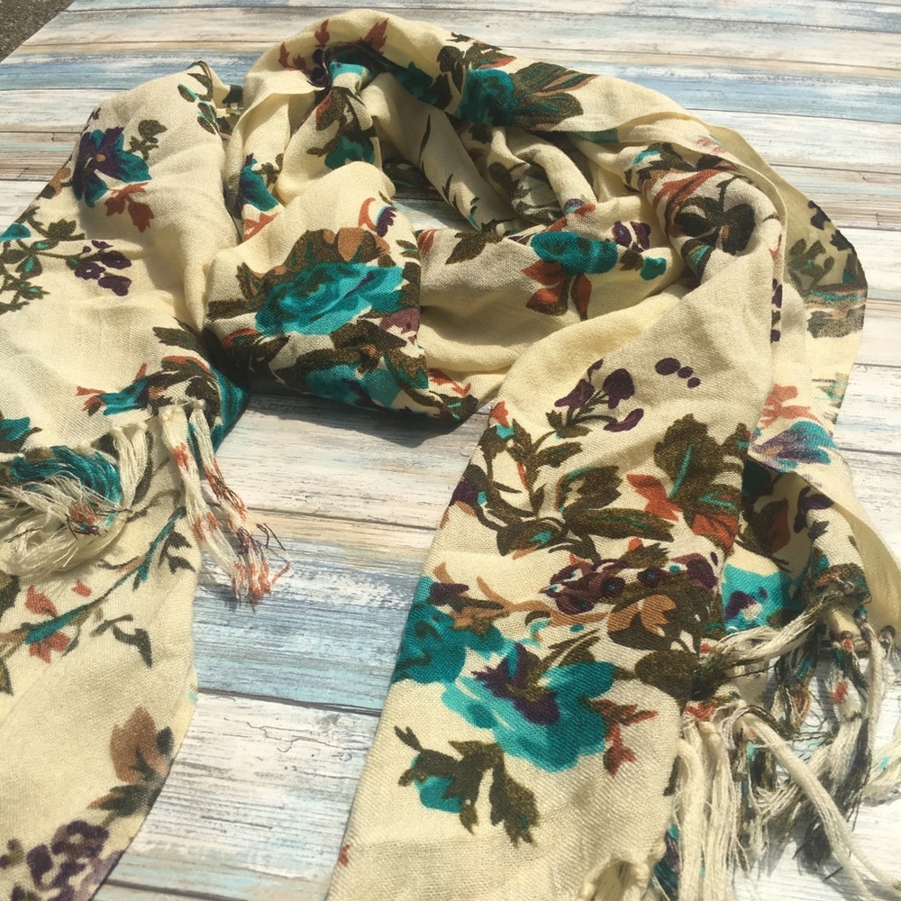 Cream fringe scarf with teal flowers